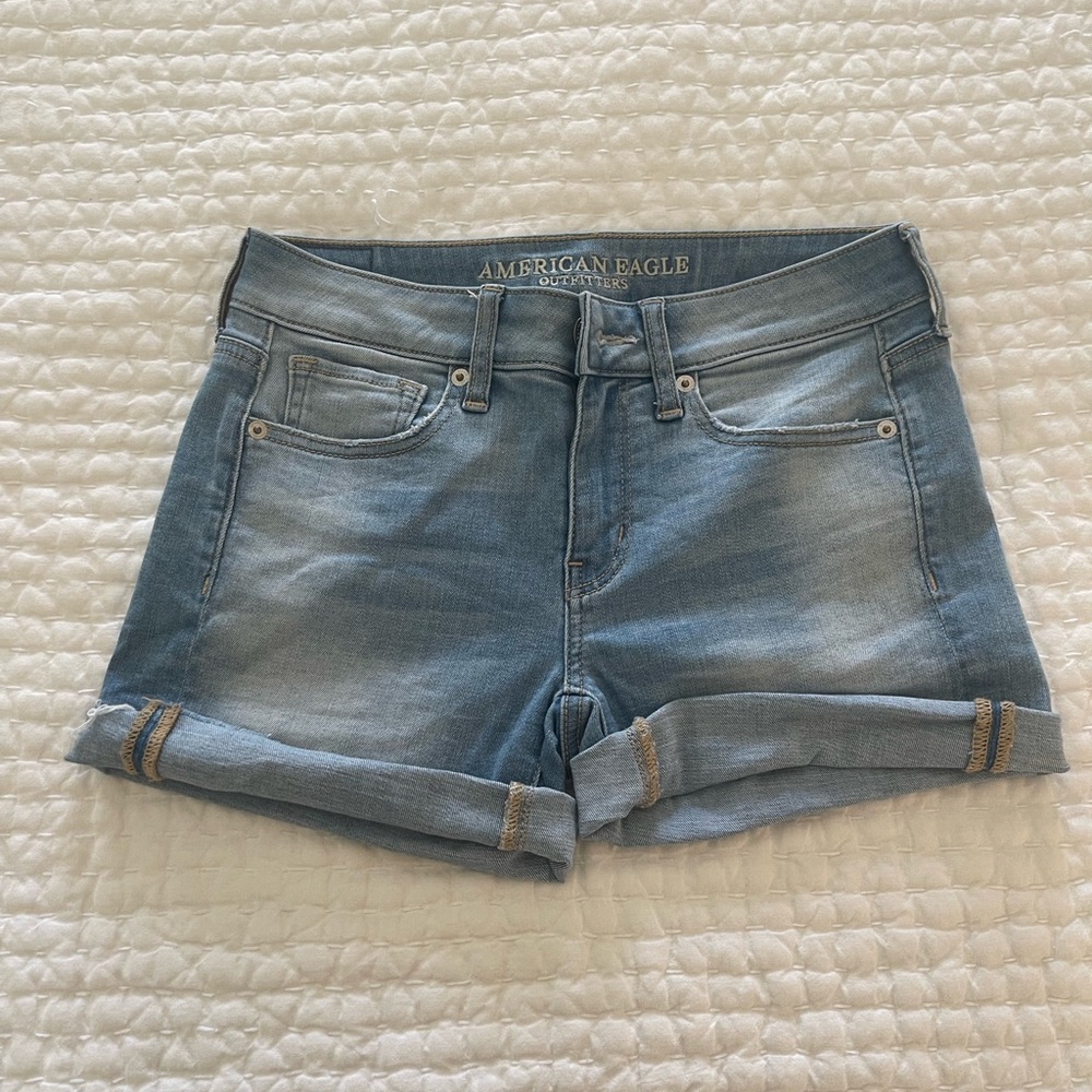 American eagle midi super stretch denim shorts